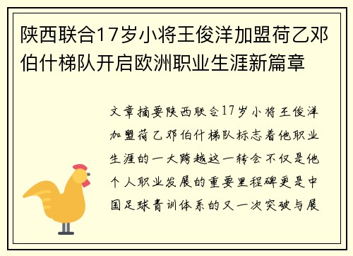 陕西联合17岁小将王俊洋加盟荷乙邓伯什梯队开启欧洲职业生涯新篇章